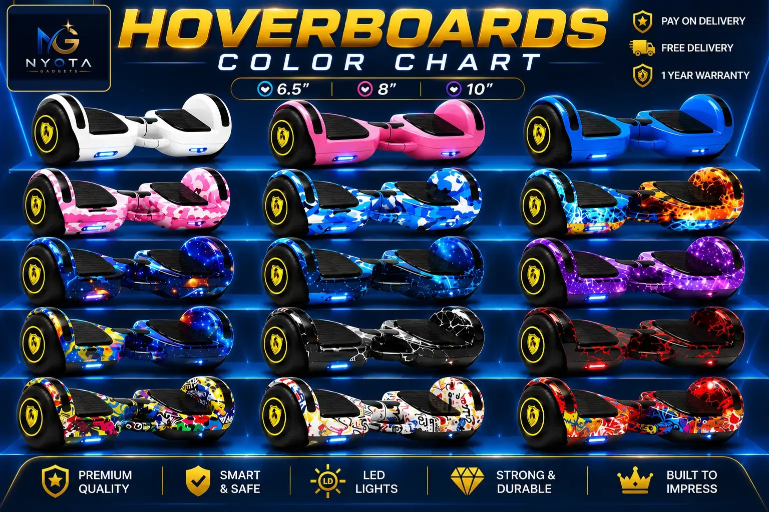 Nyota Gadgets official hoverboard colour chart showing every colour, available sizes and product benefits
